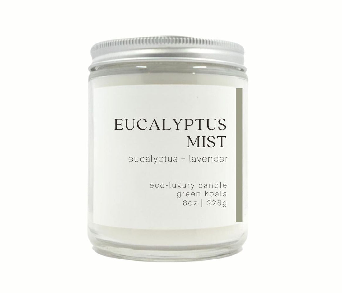 Eucalyptus Mist 8oz coconut creme non-toxic clean burn wax in a glass jar with silver lid for a clean burn. 