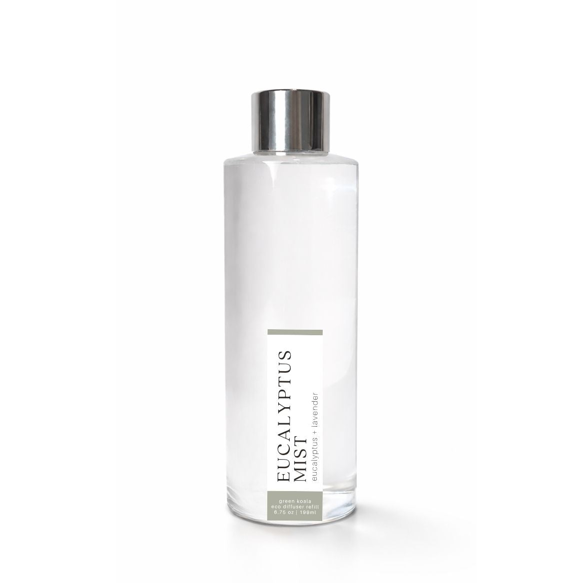 Clear bottle of eucalyptus mist with a silver cap on a white background
