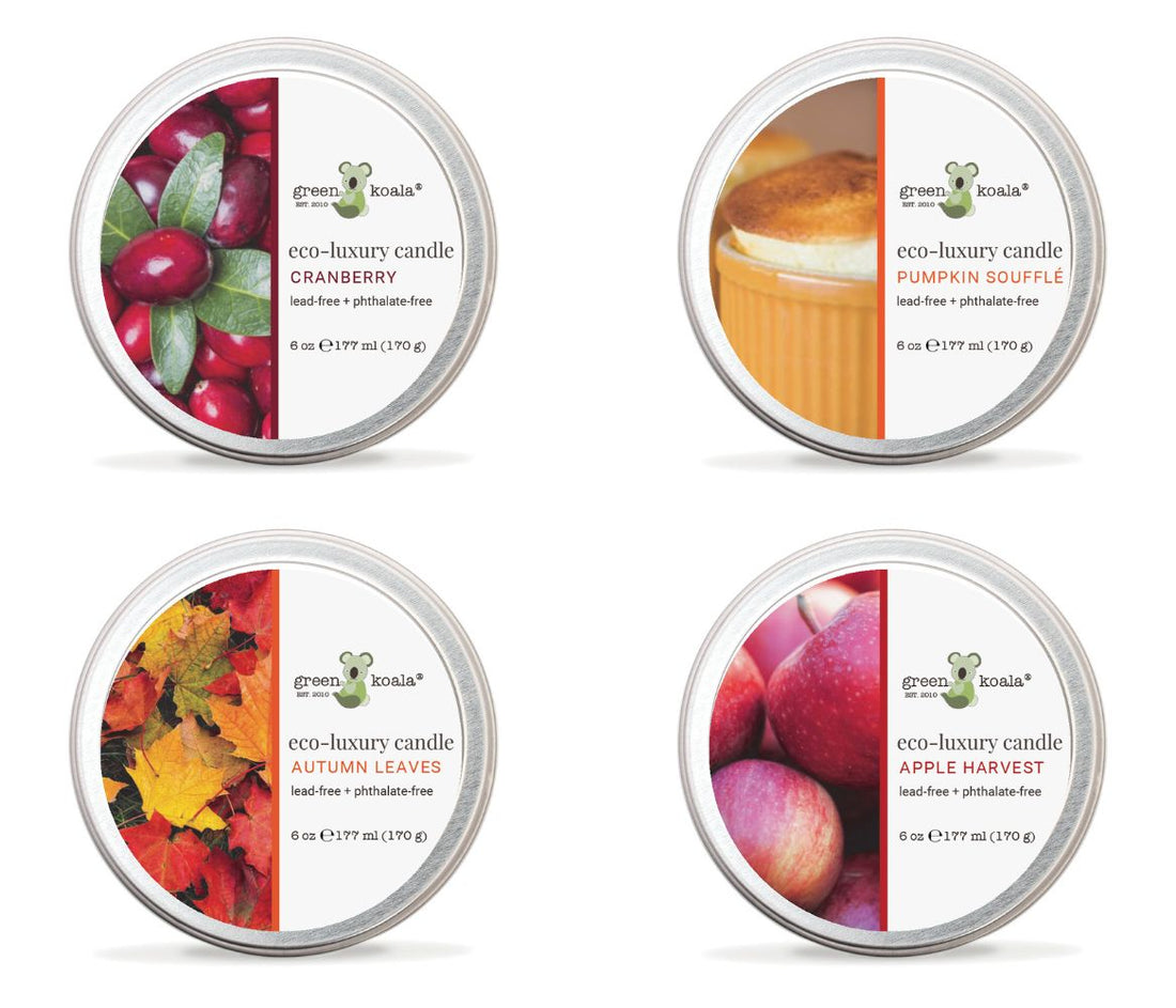 Fall candle sampler with apple harvest, autumn leaves, cranberry and pumpkin souffle tin candles. 