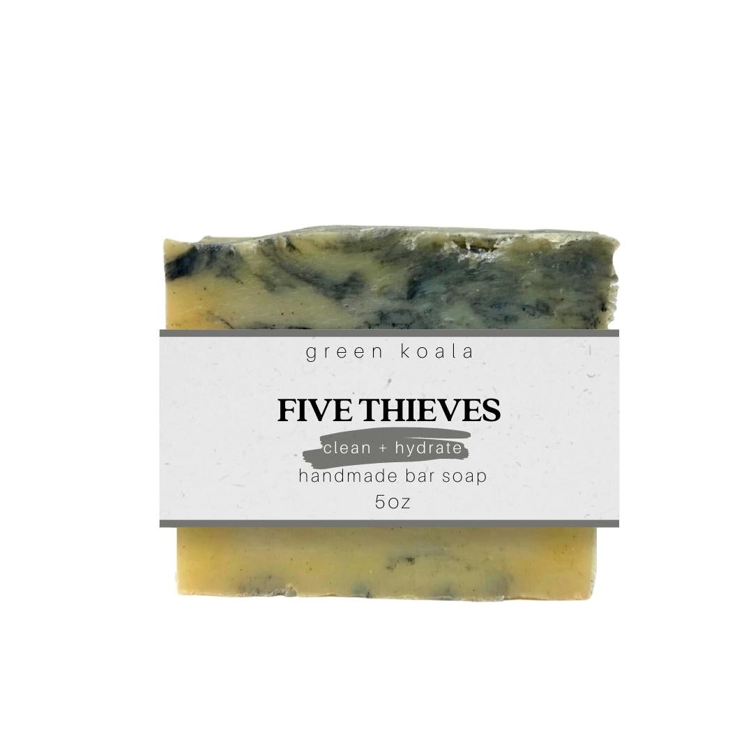 5oz Green Koala organic natural bar soap scented in a five thieves essential oil blend. 