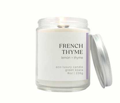 8oz Green Koala Organic French Thyme Eco-Luxury Candle made with Coconut Wax with silver lid