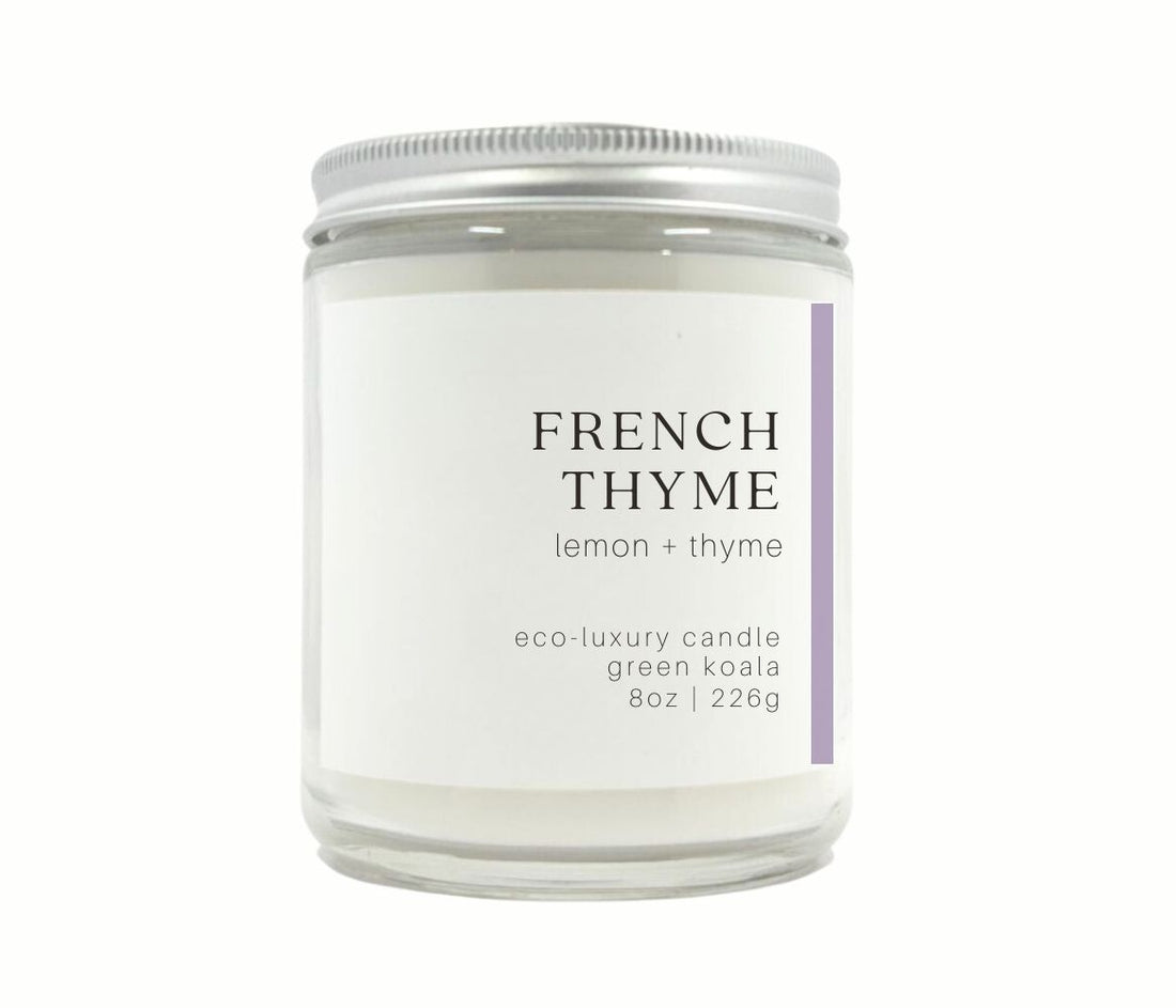 8oz Green Koala Organic French Thyme Eco-Luxury Candle made with Coconut Wax with silver lid for clean burn. 