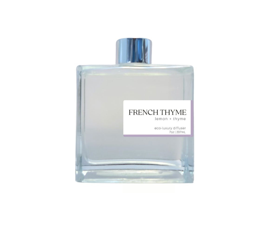 7oz French Thyme non-toxic scented reed diffuser in glass jar.