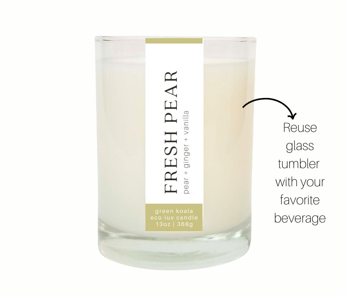 13oz Fresh pear scented candle in a drinking glass .