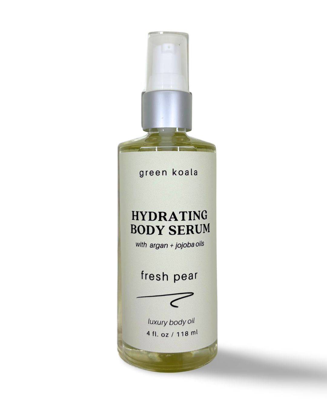 4oz Fresh Pear scented body serum in a glass pump bottle. Fast drying and contains organic argon and jojoba oils. 