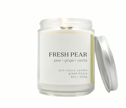8oz Fresh pear scented candle in a glass jar. Made with coconut creme wax and non-toxic fragrance oil.