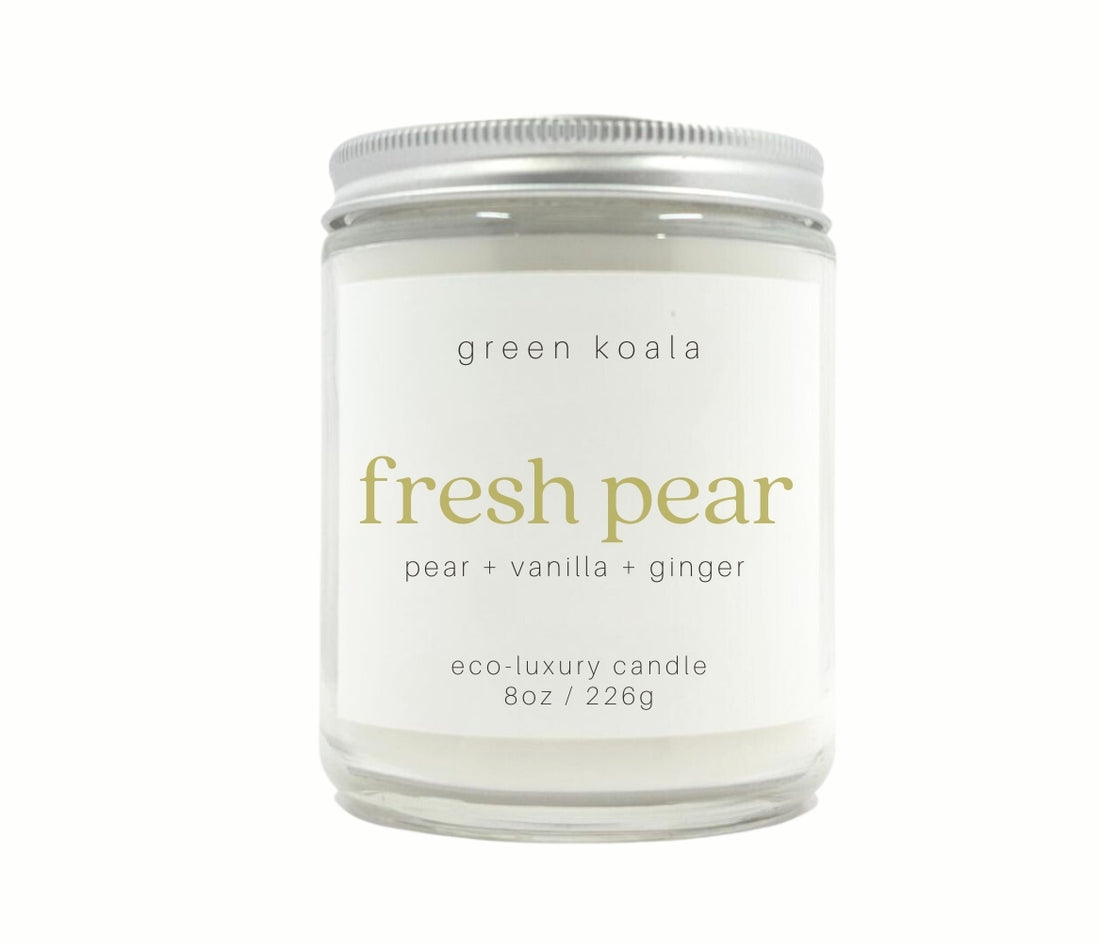 8oz Fresh Pear scented non-toxic hand poured candle in a glass jar.