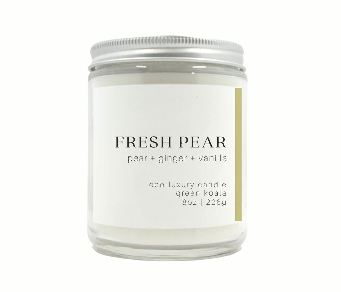 8oz Fresh pear scented candle in a glass jar. Made with coconut creme wax and non-toxic fragrance oil for a clean burn. 