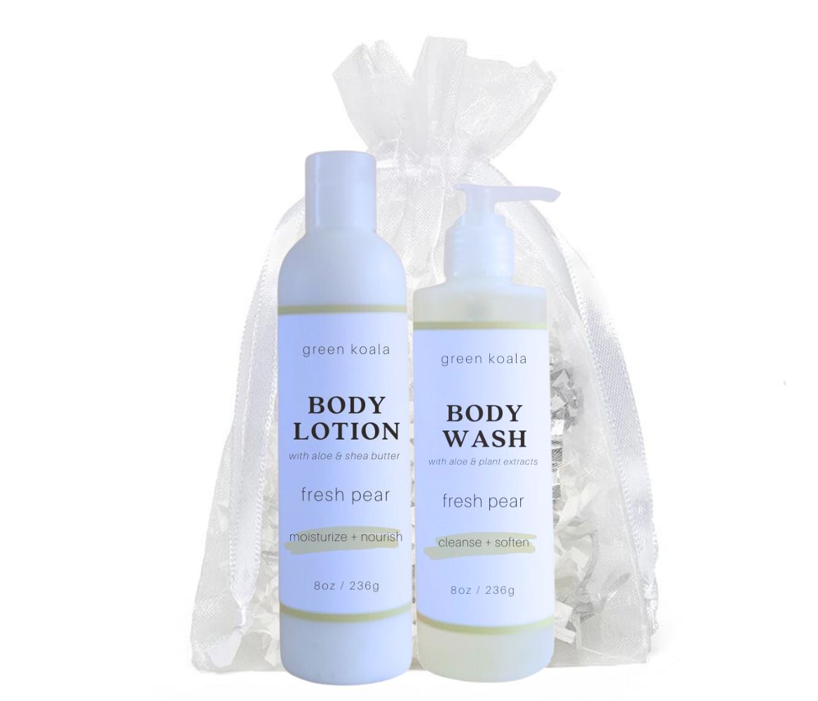 Organic Fresh Pear Body Wash &amp; Lotion gift set packaged in a white organiza bag