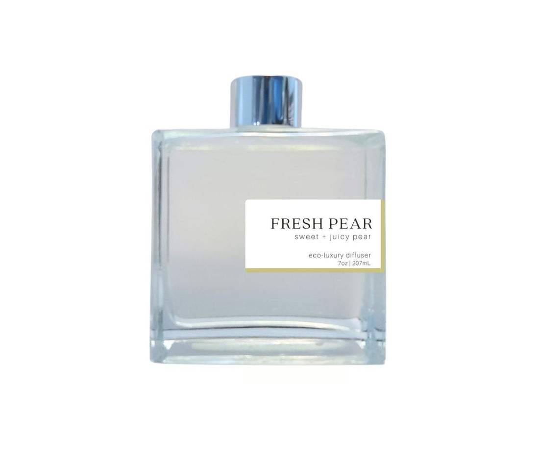 Fresh Pear Reed Diffuser in a glass bottle with Silver Cap.