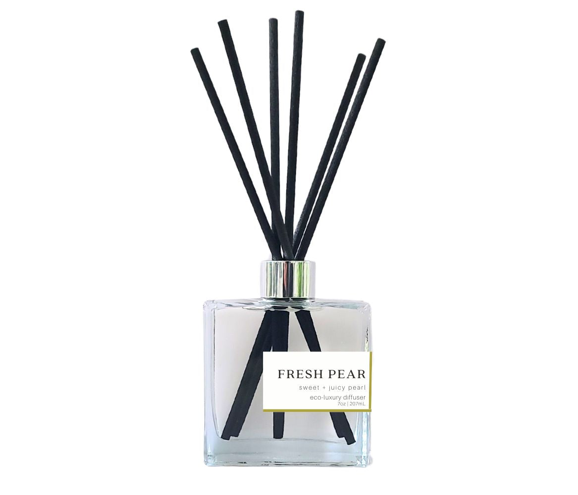 Fresh Pear Reed Diffuser in a glass bottle with Black Reeds