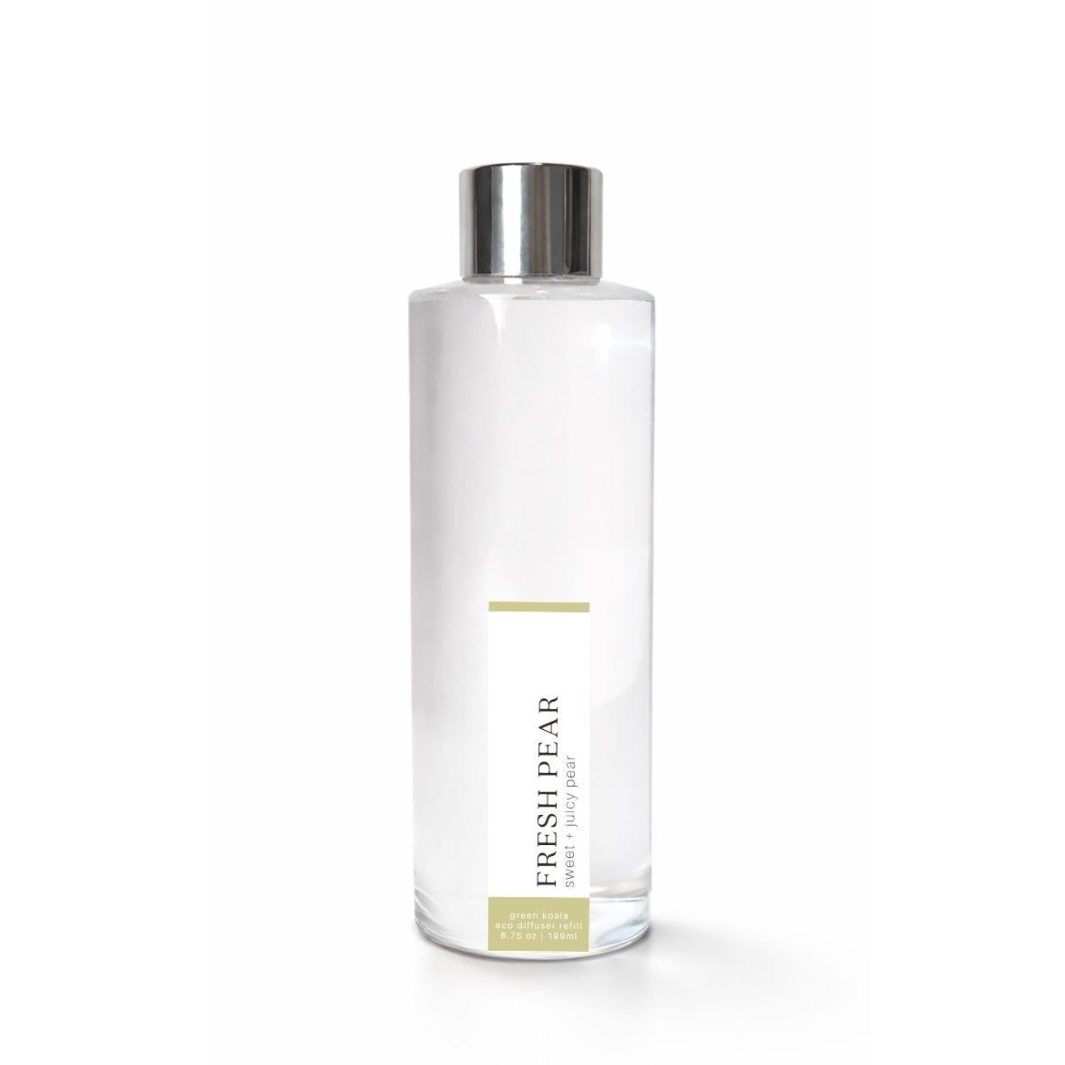 Clear bottle with silver cap labeled Fresh Pear on a white background