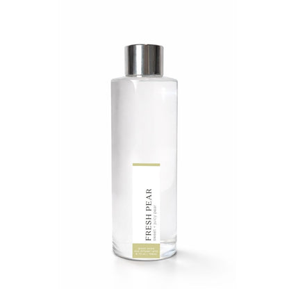 Clear bottle with silver cap labeled Fresh Pear on a white background