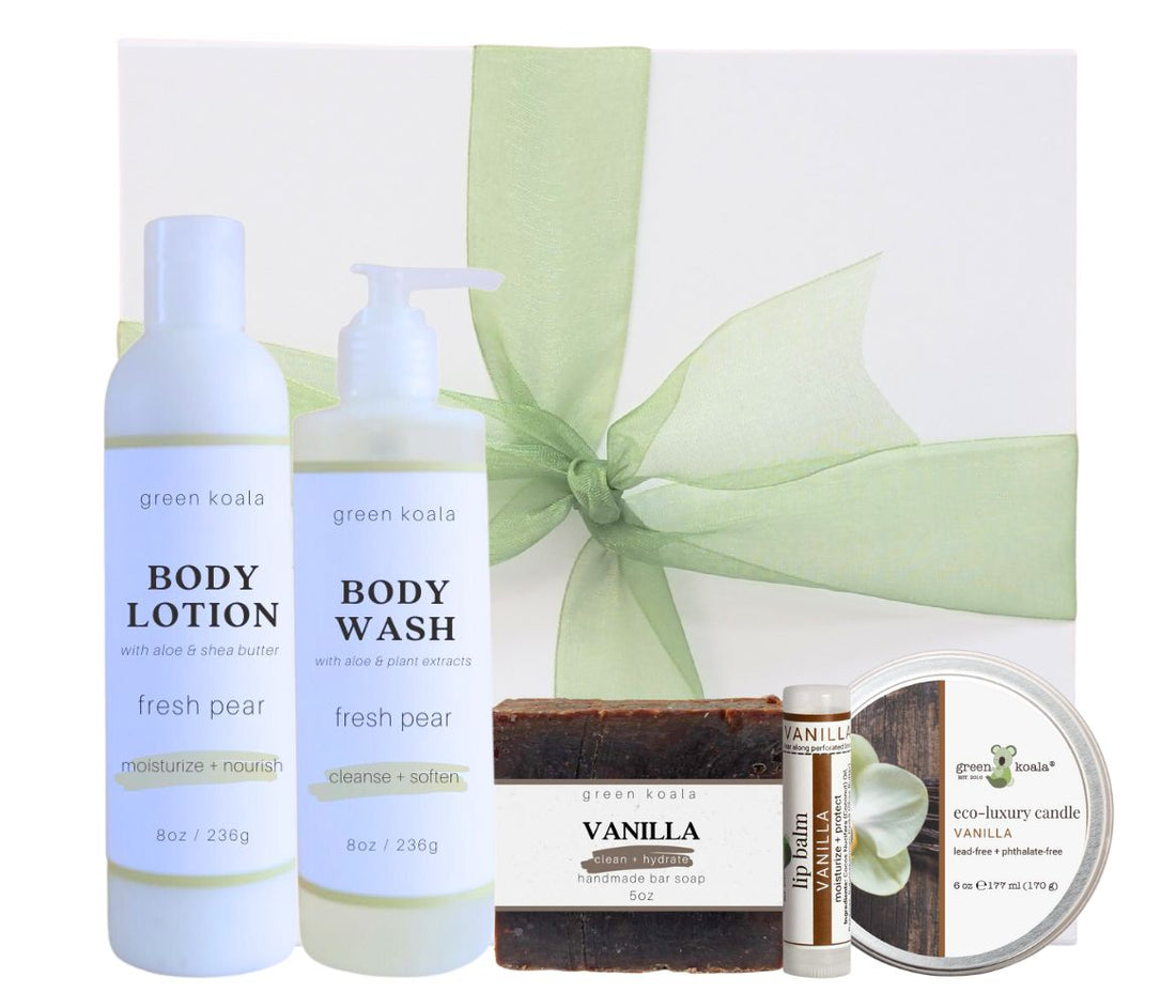 Vanilla &amp; Pear Gift Box Set with candle, bar soap, lip balm, body wash and body lotion.