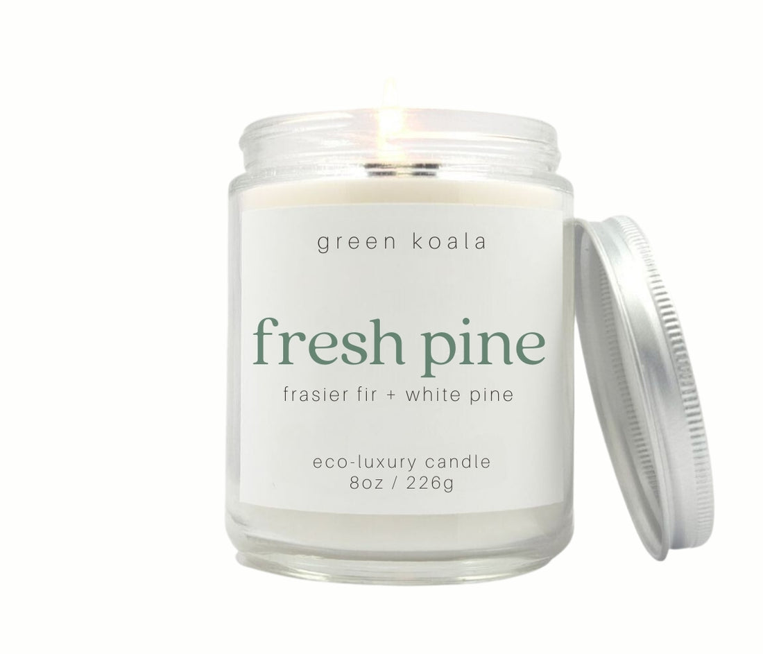 8oz Fresh Pine scented non-toxic and clean burning candle in a glass jar. 