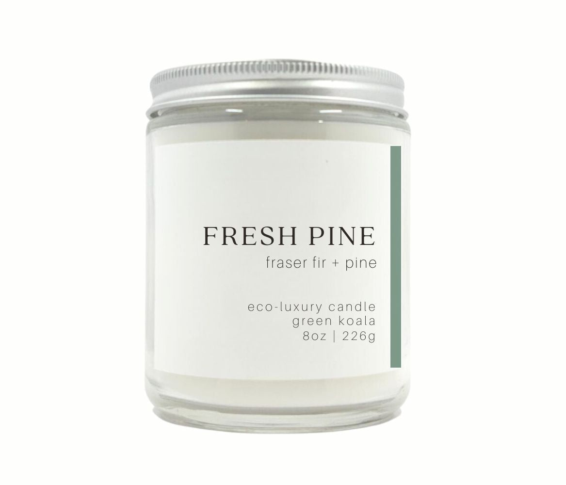 8oz Green Koala Organic Fresh Pine Eco-Luxury Candle Glass Jar With Silver Lid for clean burn. 