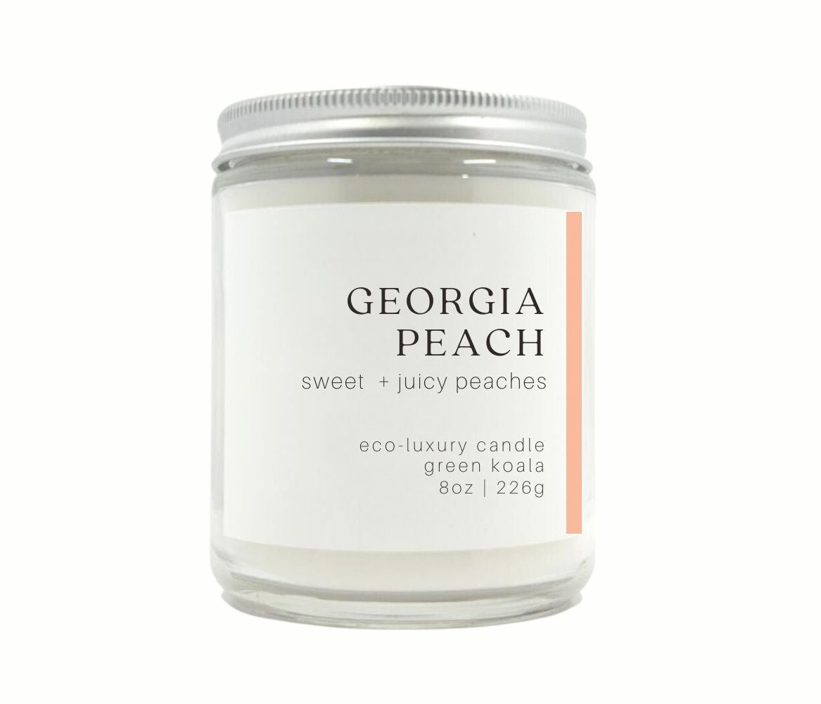 8oz Green Koala Organic Georgia Peach Eco-Luxury Candle Glass Jar With Silver Lid