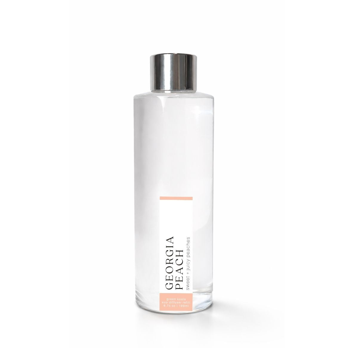 Clear bottle with silver cap on a white background, featuring &