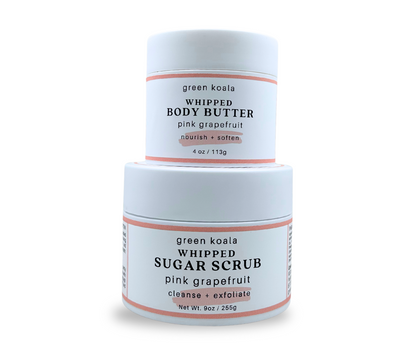 Gift set of green koala pink grapefruit whipped body butter and sugar scrub on a white background