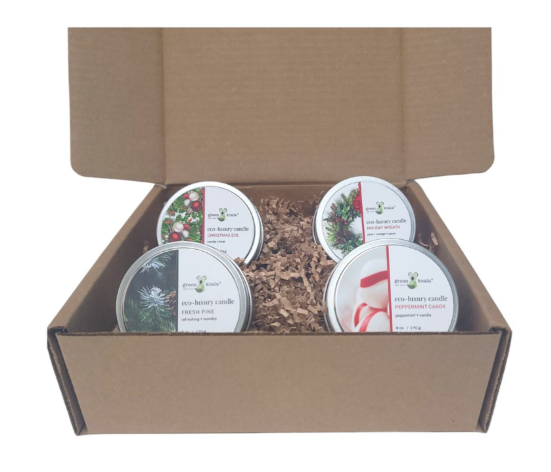 Holiday c6oz tins - fresh pine, christmas eve, peppermint vanilla and holiday wreath in a box