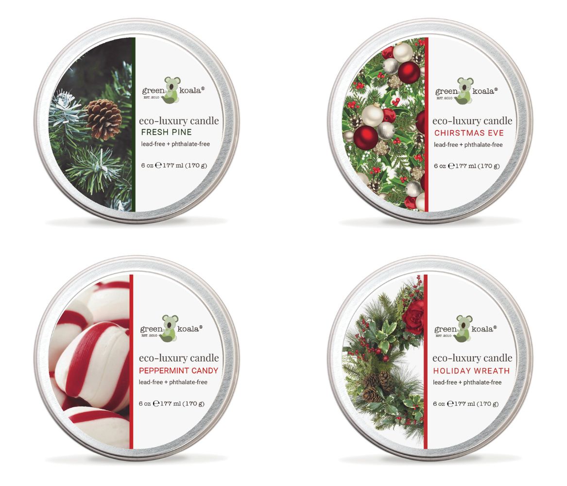 Holiday candle scents in a sampler box of 6oz tins - fresh pine, christmas eve, peppermint vanilla and holiday wreath. 