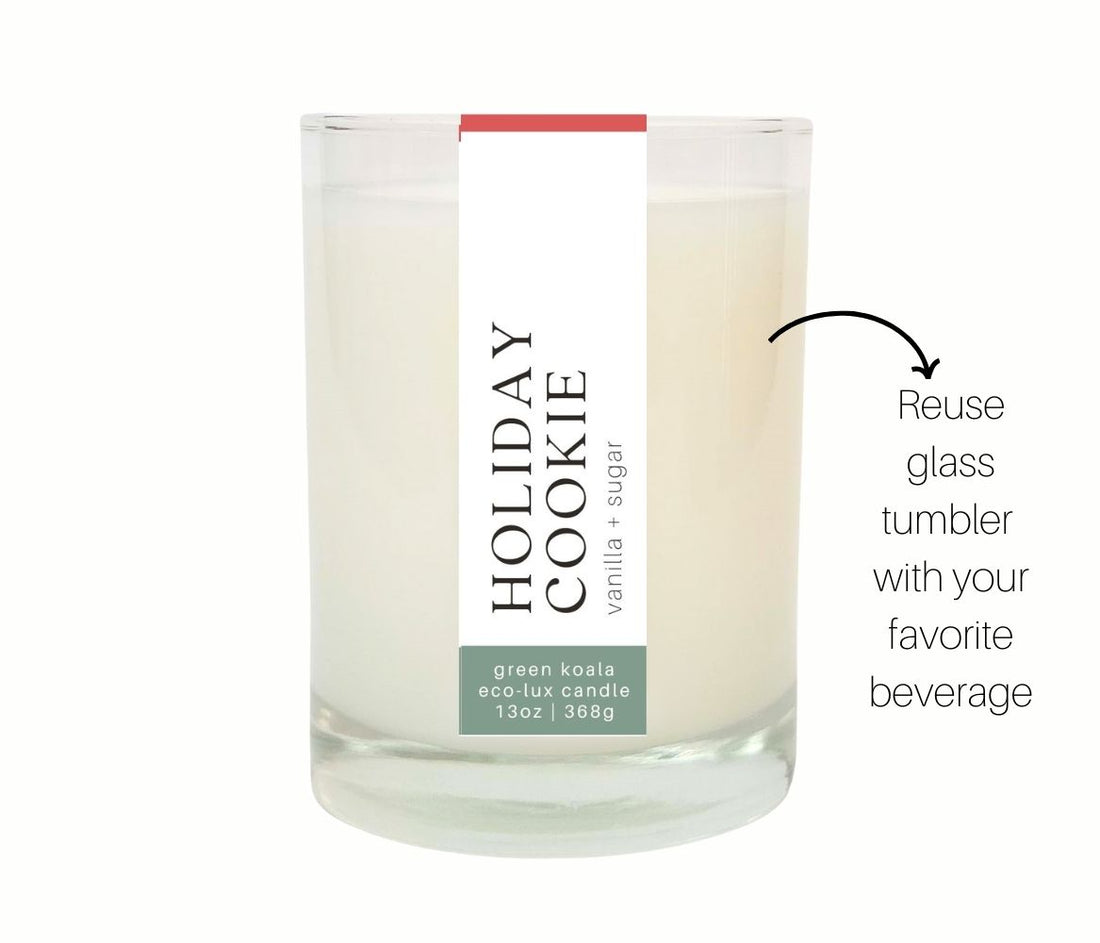 Reuseable 13oz Green Koala Holiday Cookie Eco-Luxury Candle. A vanilla and sugary scented delight.