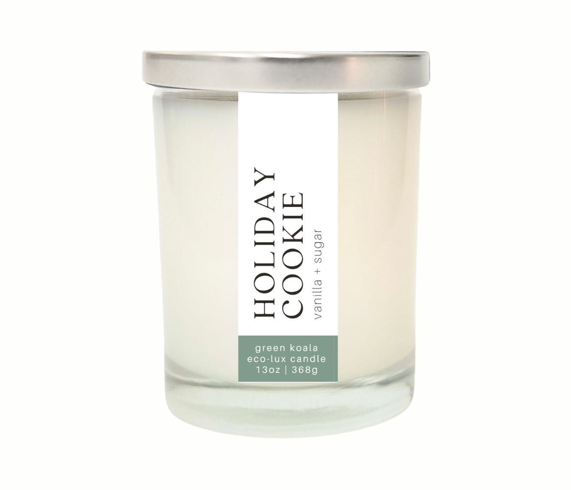 13oz Green Koala Holiday Cookie Eco-Luxury Candle. A vanilla and sugary scented delight.