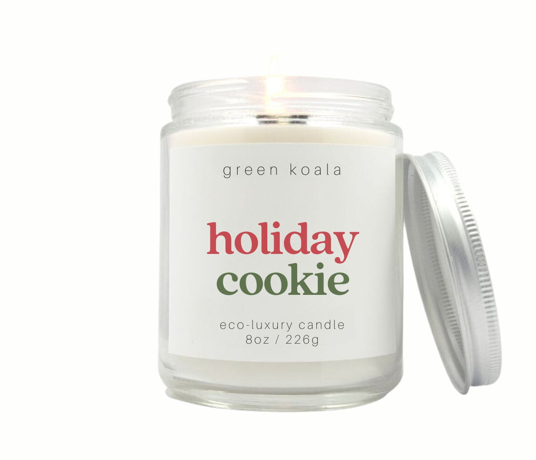 8oz Holiday Cookie Eco-friendly Candle Glass Jar. Clean burning non-toxic. Hand poured in the USA. Smells like fresh baked holiday cookies.