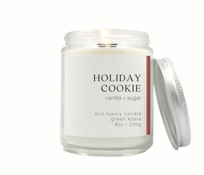 8oz Green Koala Holiday Cookie Eco-Luxury Candle with silver lid. A vanilla and sugary scented delight.