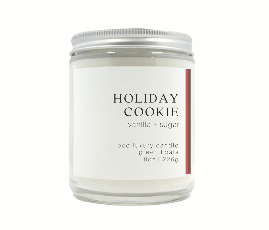 8oz Green Koala Holiday Cookie Eco-Luxury Candle with silver lid. A vanilla and sugary scented delight. A clean burn. 