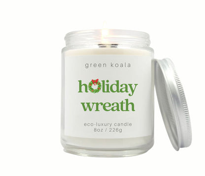 8oz Holiday Wreath Eco-friendly Candle Glass. Clean burning non-toxic. Hand poured in the USA.