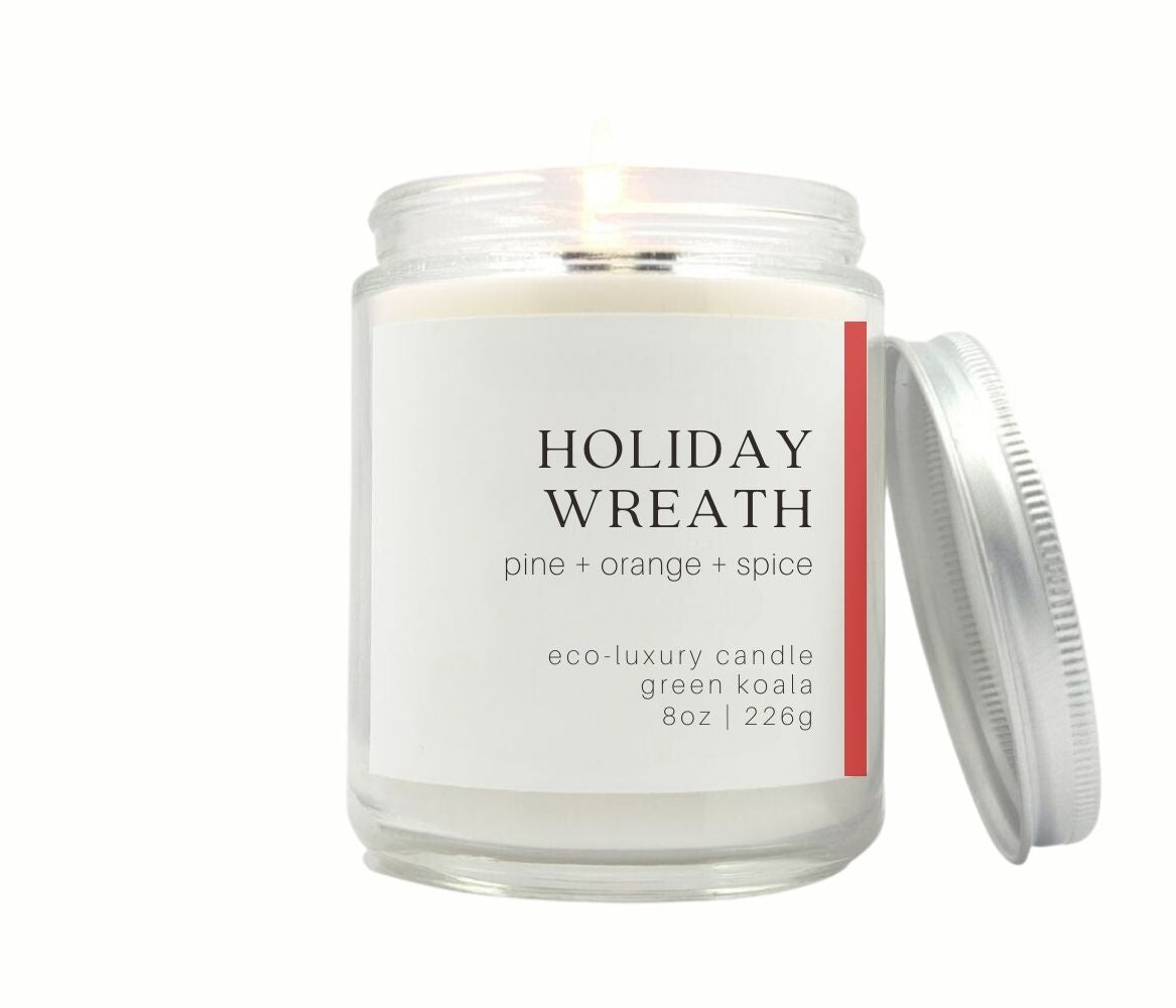 8oz Green Koala Organic Holiday Wreath Eco-Luxury Candle Glass Jar With Silver Lid. Clean burning non-toxic. 