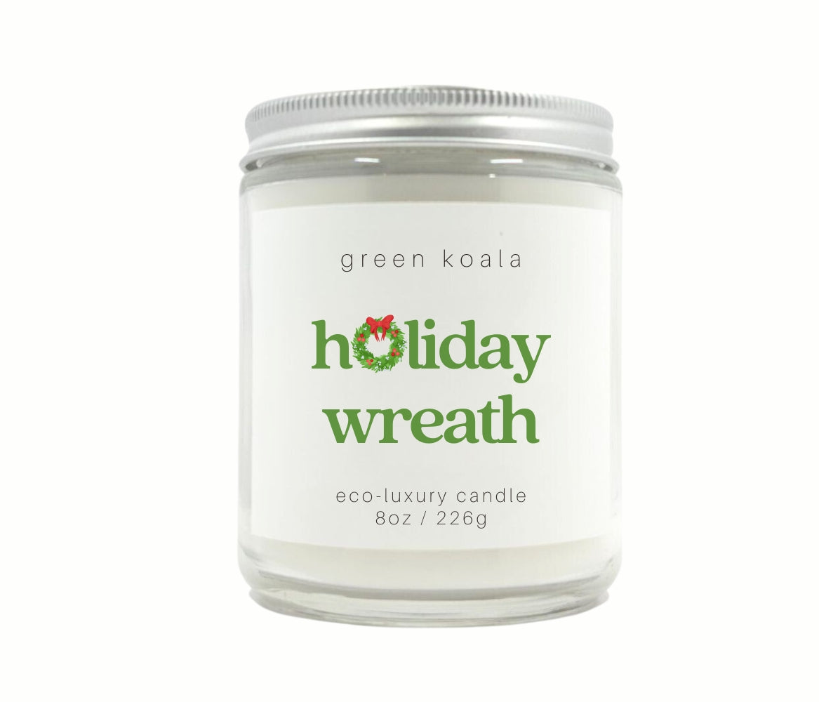 8oz Holiday Wreath Eco-friendly Candle Glass Jar With Silver Lid. Clean burning non-toxic.