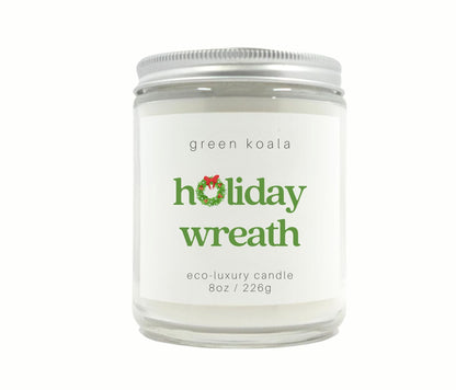 8oz Holiday Wreath Eco-friendly Candle Glass Jar With Silver Lid. Clean burning non-toxic.