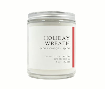 8oz Green Koala Organic Holiday Wreath Eco-Luxury Candle Glass Jar With Silver Lid. 