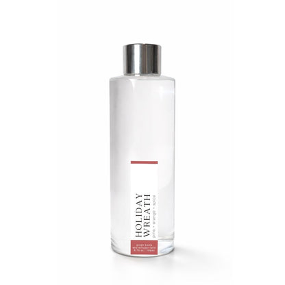 Clear bottle with silver cap labeled Holiday Wreath on a white background