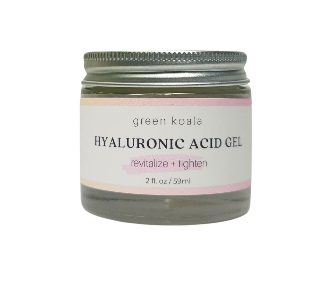 Green Koala Organic Hyaluronic Acid Gel in a 2oz glass jar, designed to hydrate and rejuvenate your skin with natural ingredients.