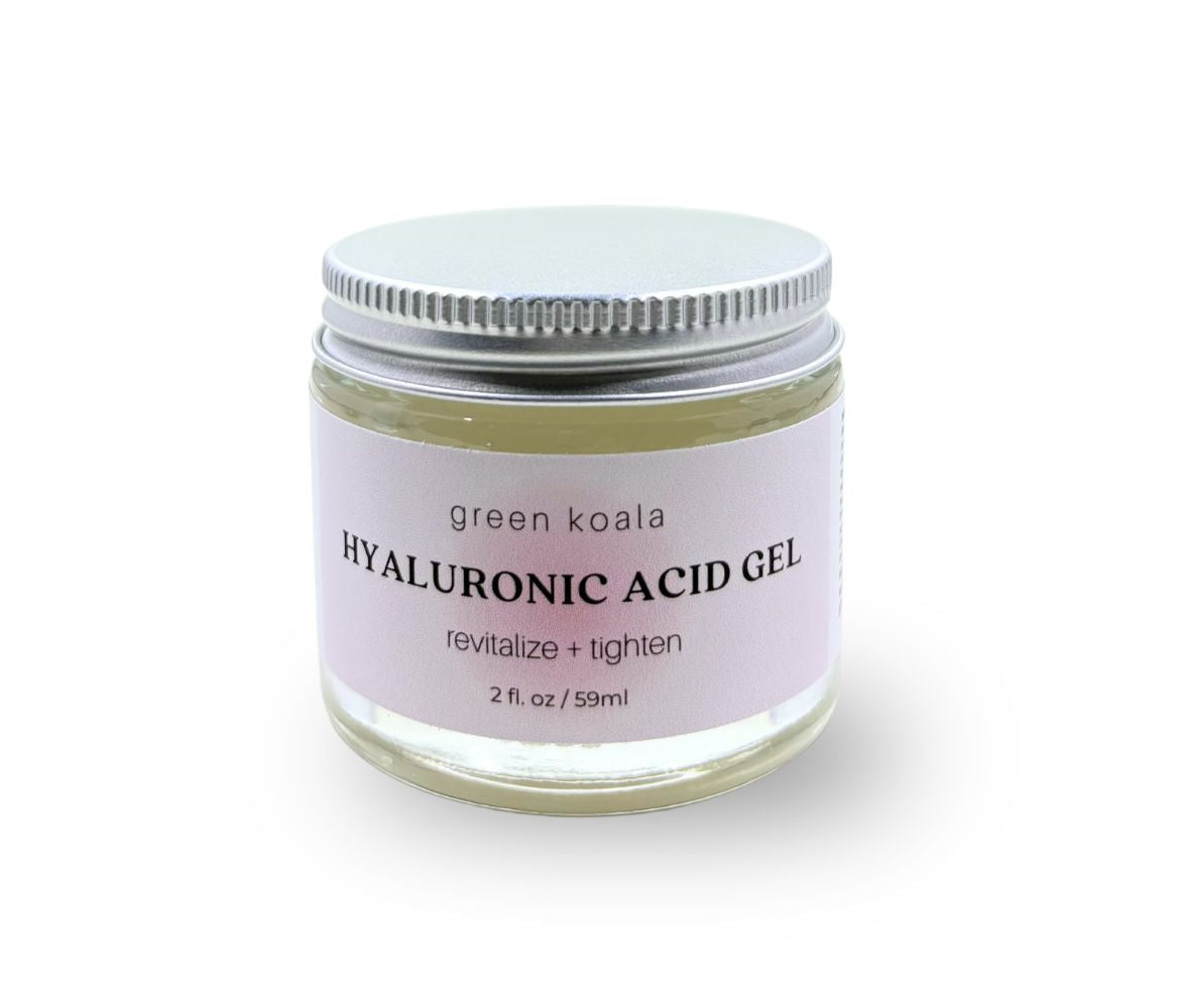 Green Koala Organic Hyaluronic Acid Gel moisturizer in a 2 oz glass jar for hydrating and rejuvenating skin