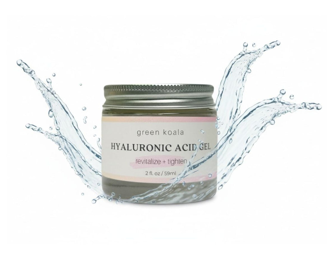 Jar of green koala hyaluronic acid gel with water splashes on a white background