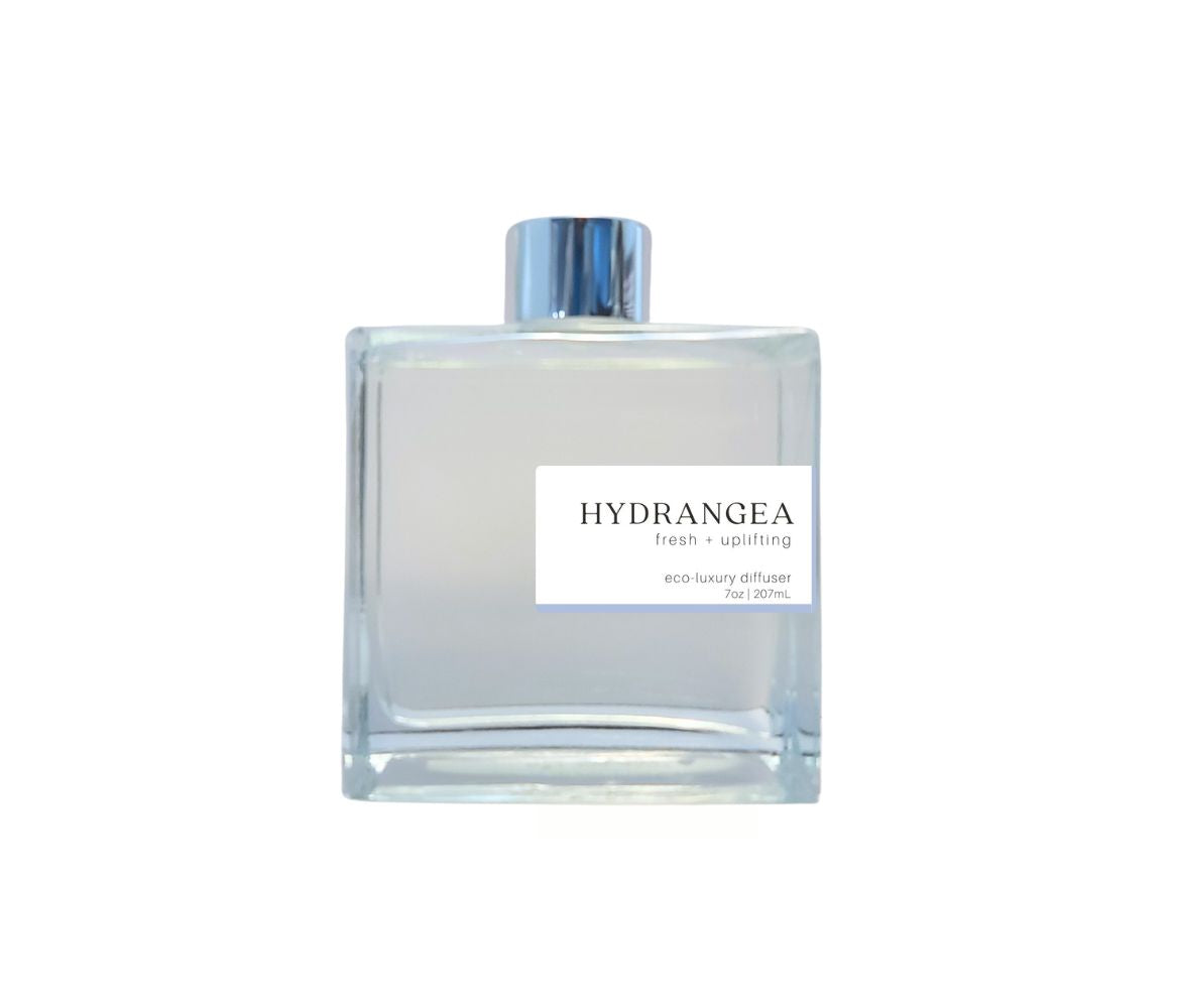 Hydrangea 7oz non-toxic scented reed diffuser in glass jar.