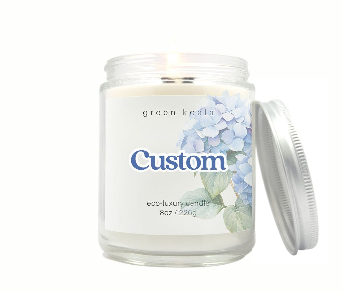 8oz custom candle jar with hydrangea label on a white background. background