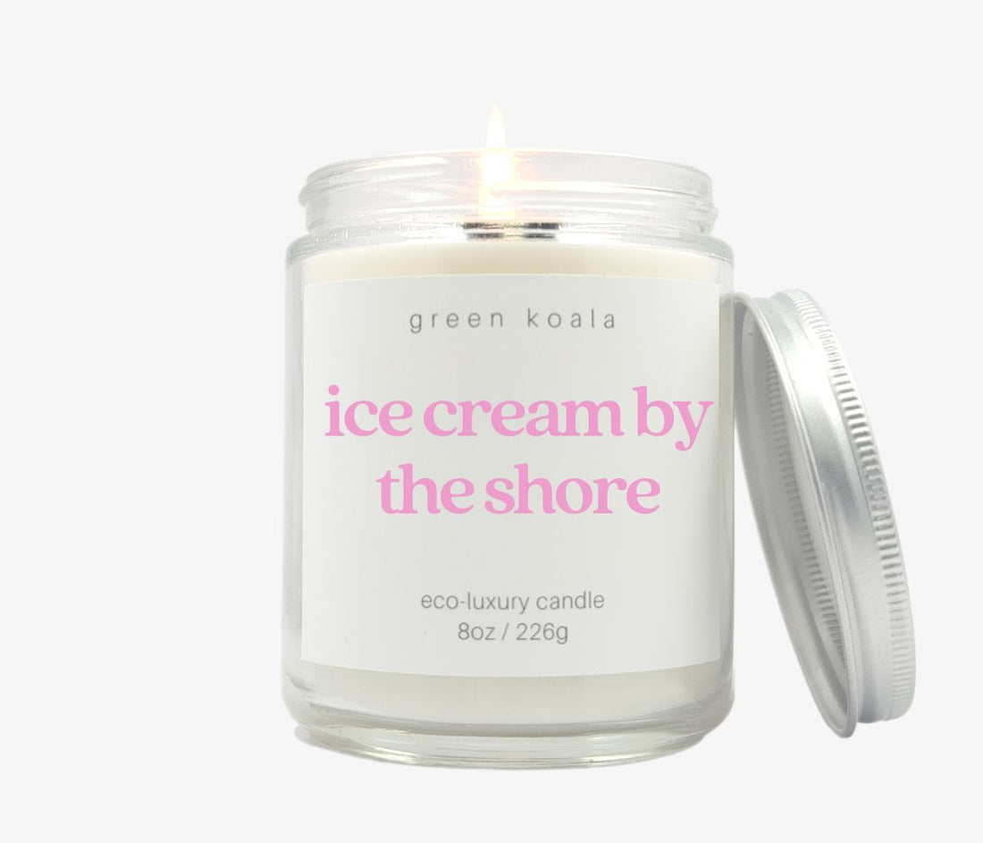 8oz Ice cream by the shore scented eco-luxury clean burning candle with silver lid.