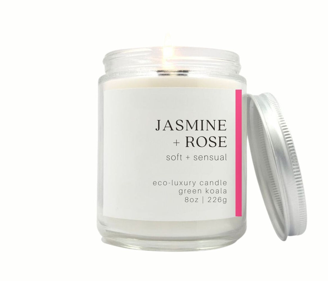 8oz Jasmine &amp; Rose Eco-Luxury Candle with silver lid. Non-toxic and cleaning burning. 
