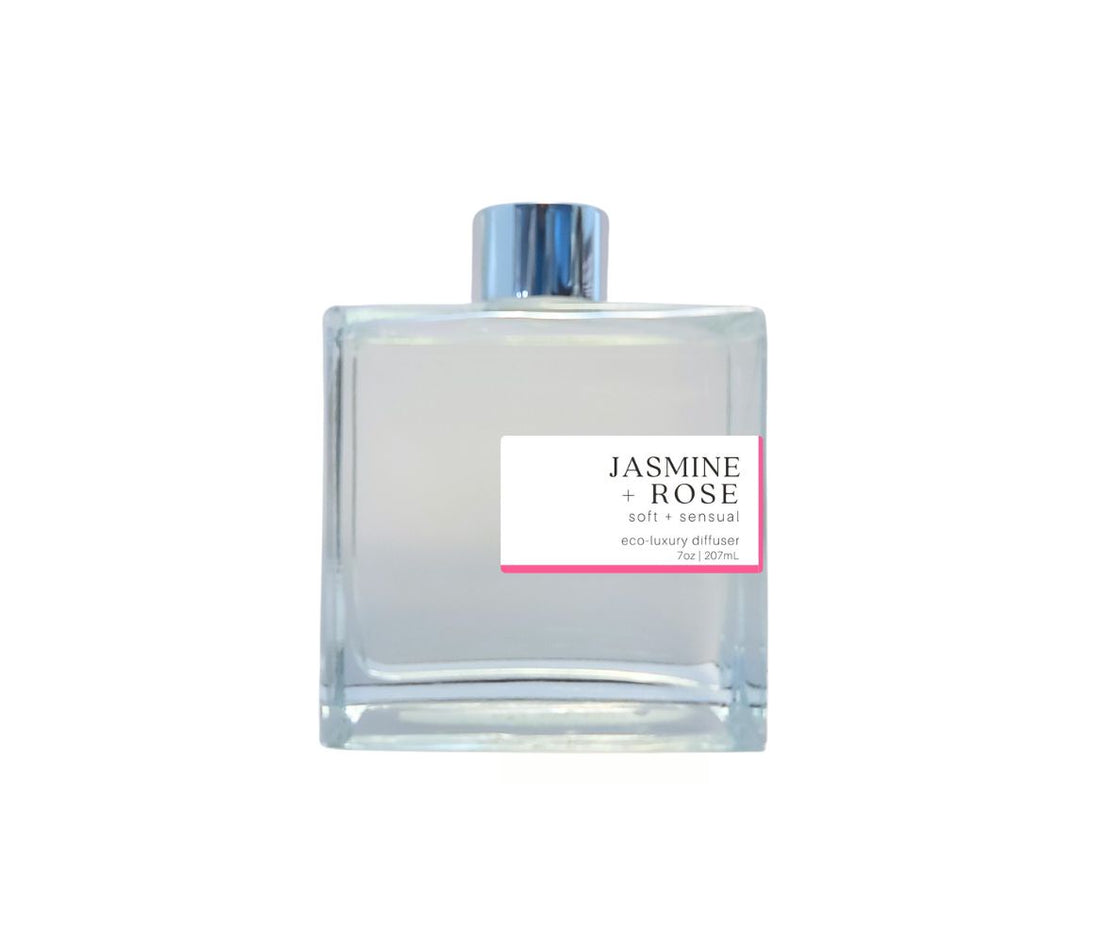 Jasmine Rose 7oz non-toxic scented reed diffuser in glass jar.