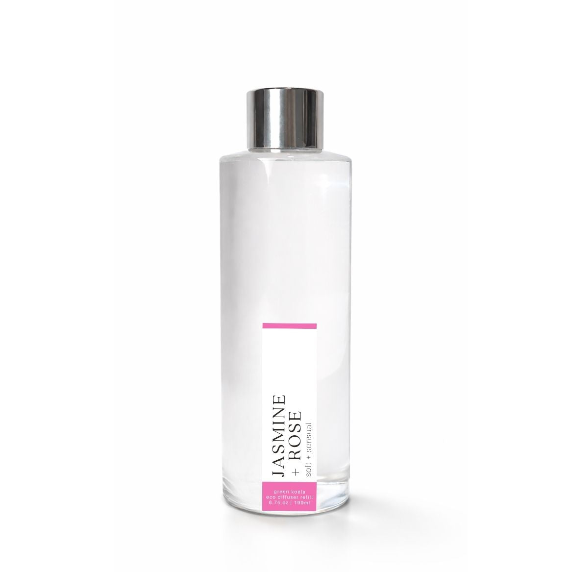Clear bottle with silver cap labeled Jasmine + Rose
on a white background