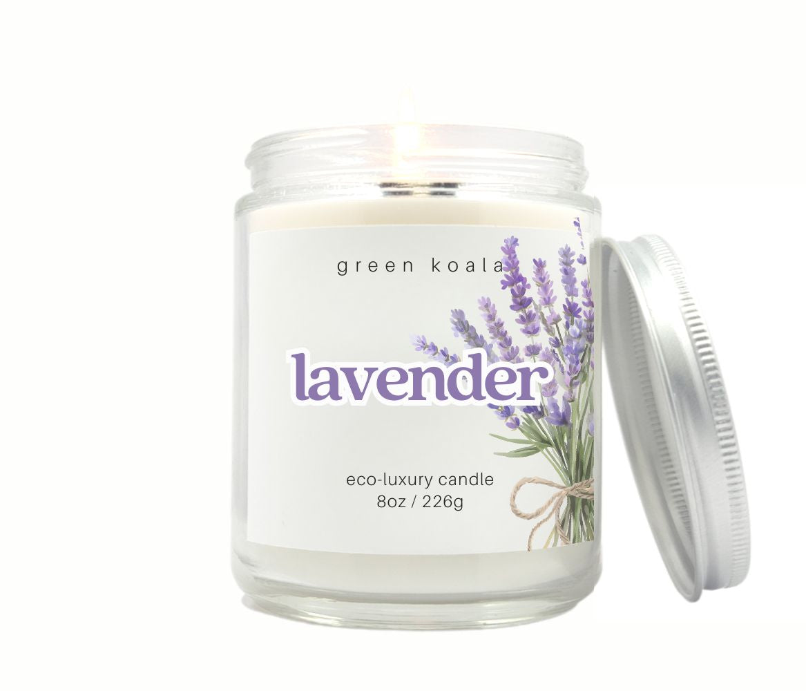 Lavender candle in a glass jar with a white label on a white background