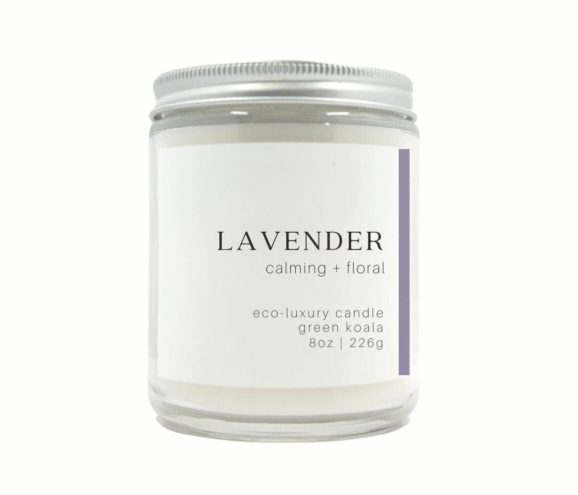 8oz Lavender Eco-Luxury Candle with silver lid. 
