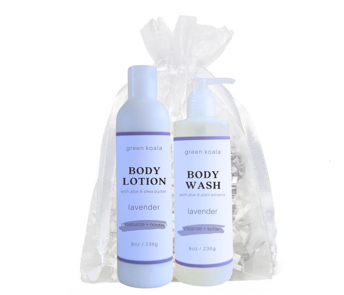 Organic Lavender Body Wash &amp; Lotion Gift Set with white organza bag