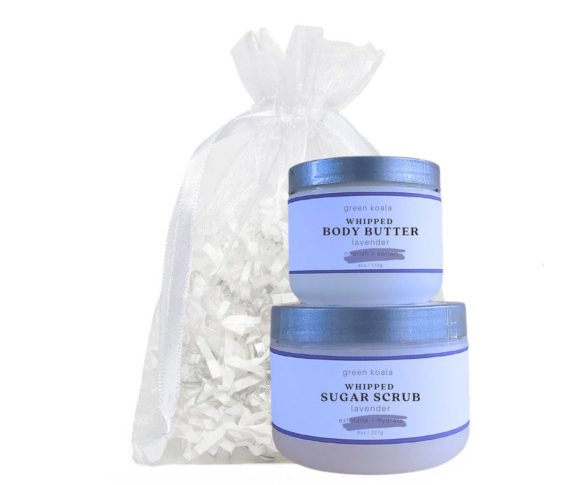 Organic Lavender Body Butter &amp; Scrub Gift Set with white organza bag