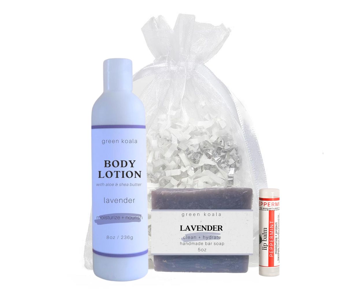 Green Koala Organic Lavender Essentials Gift Set with bar soap, lotion and lip balm